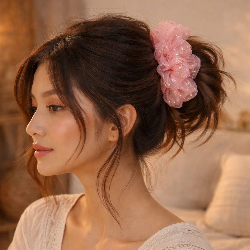 Woman wearing our Pink scrunchie in a softly lit room