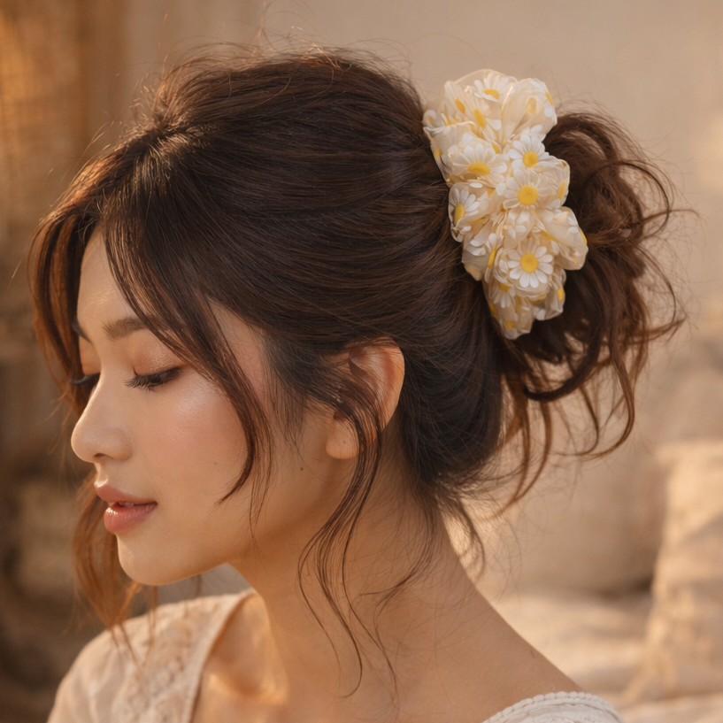 Beige Daisy Tulle Scrunchie