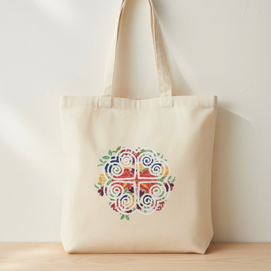 Beige tote bag with a hmong heart elephant foot with floral design
