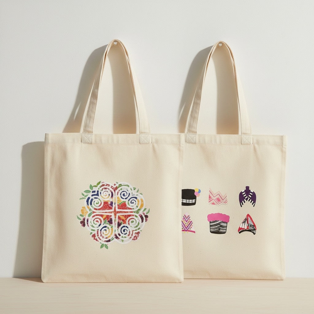 Two beige tote bags with hmong designs on a light background