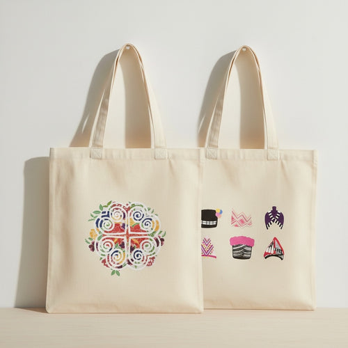 Two beige tote bags with hmong designs on a light background